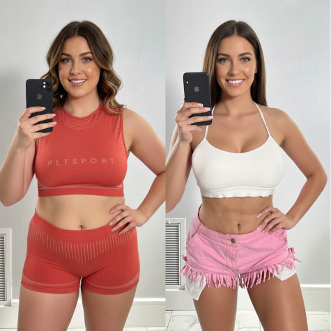 Mujer de perfil mostrando resultados antes y después en abdomen y cintura tras usar Vibro Sculpt